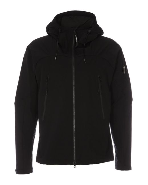 C P Company Black Jacket With High Collar, Zip Pockets And Hood for men