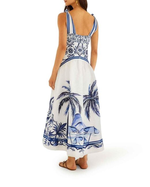 Farm Rio Blue Long Linen Dress With Tropical Print