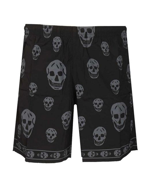 McQueen Black Swim Shorts With Skull Motif for men