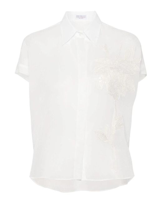 Brunello Cucinelli White Floral Embroidery Shirt