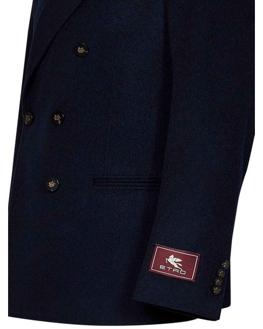 Etro Blue Cashmere Double-Breasted Blazer Wit for men