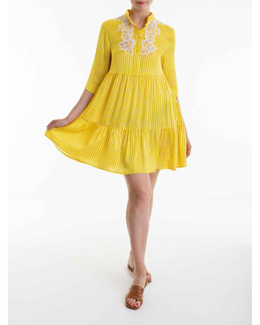 Ermanno Scervino Yellow Round Neck Striped Dress