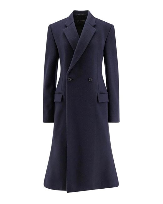Balenciaga Blue Double-Breasted Godet Midi Wool Coat
