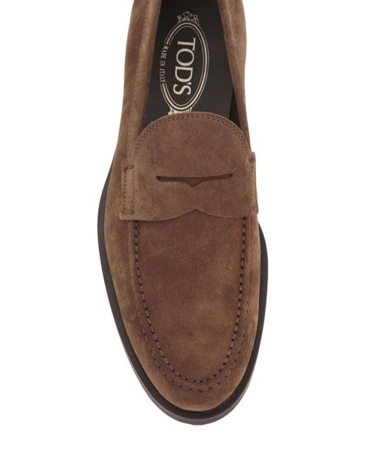 Tod's Brown Penny Bar Detail Suede Loafers for men