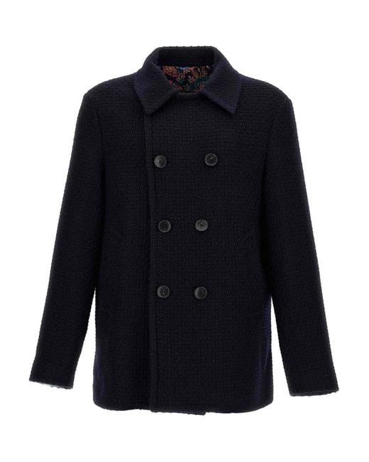 Etro Blue Peacoat Coat for men