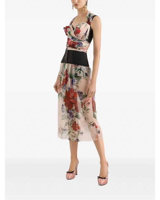 Dolce & Gabbana Natural Pleated Floral Midi Skirt With Elasticated Waist