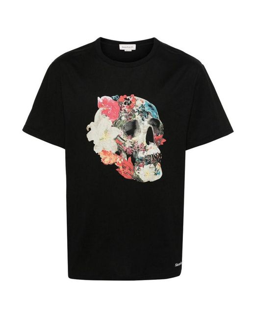 Alexander McQueen Black Mix Floral Skull T Shirt for men