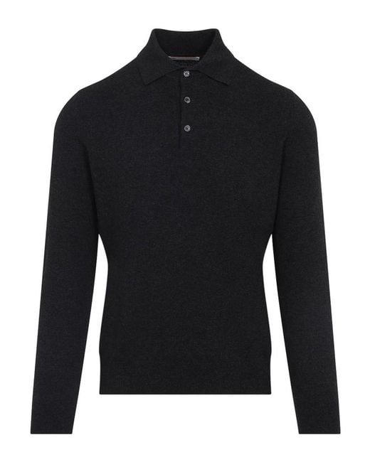 Brunello Cucinelli Black Cashmere Ls Polo for men