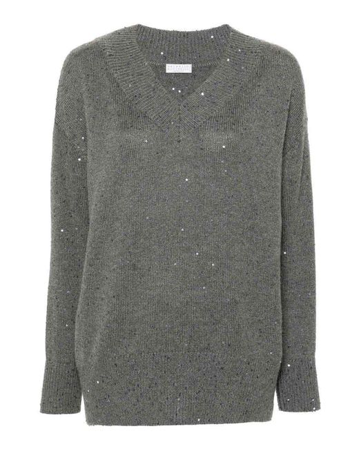 Brunello Cucinelli Gray Long Sleeve V-Neck Sweater