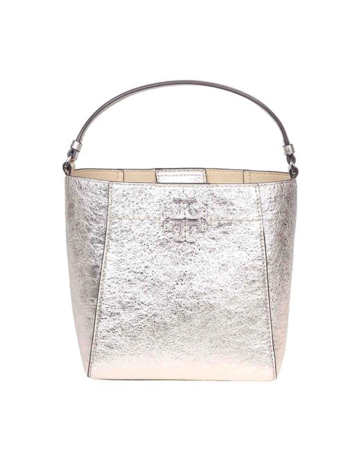 Tory Burch White Mcgraw Small Bucket In Laminated Leather