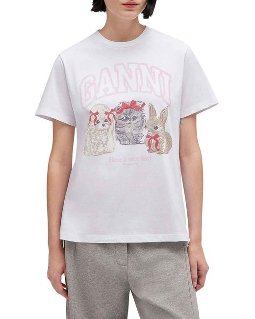 Ganni White Cotton Jersey T-Shirt With Animals Print