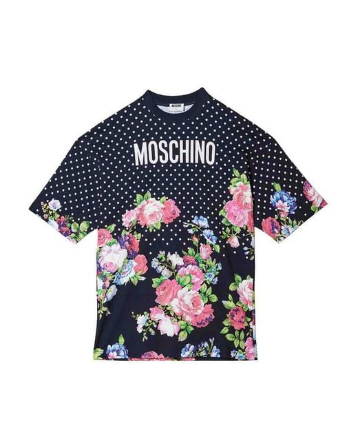 Moschino Blue Dots And Roses T-Shirt Dress