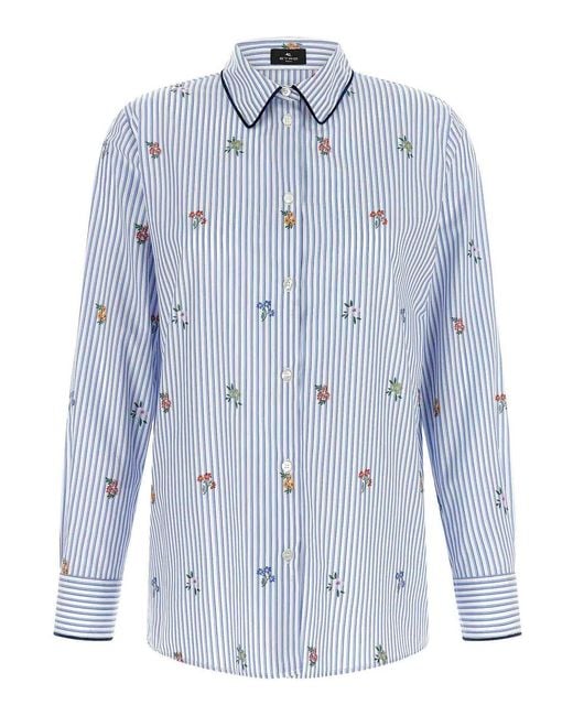 Etro Blue Floral Embroidery Shirt