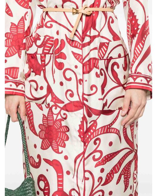 F.R.S For Restless Sleepers Red Printed Silk Long Shirtdress