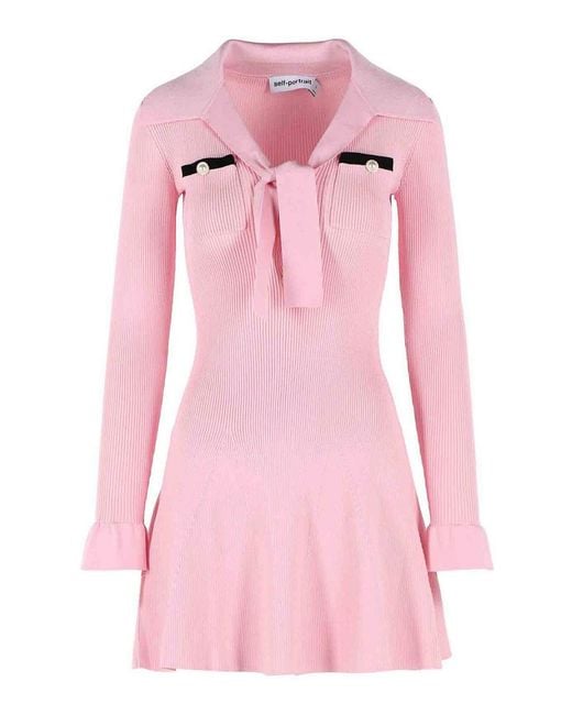 Self-Portrait Pink Viscose Knit Mini Dress With Laces