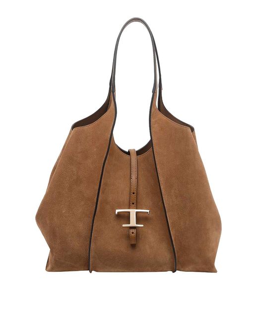 Tod's Brown Medium Suede T Timeless Shopping Bag
