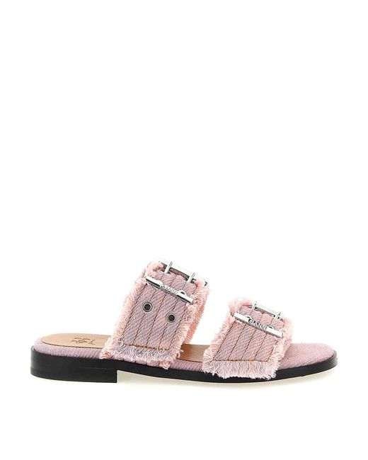 Ganni Pink Feminine Buckle Fringed Denim Sandals