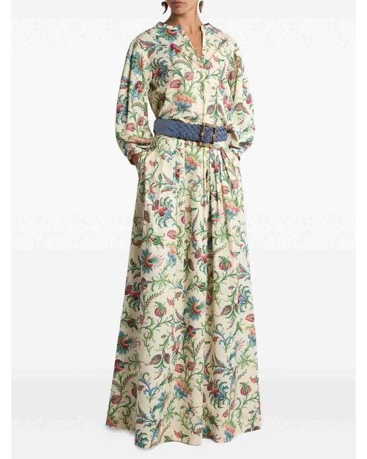 Etro White Pleated Cotton Maxi Skirt With Floral Motif