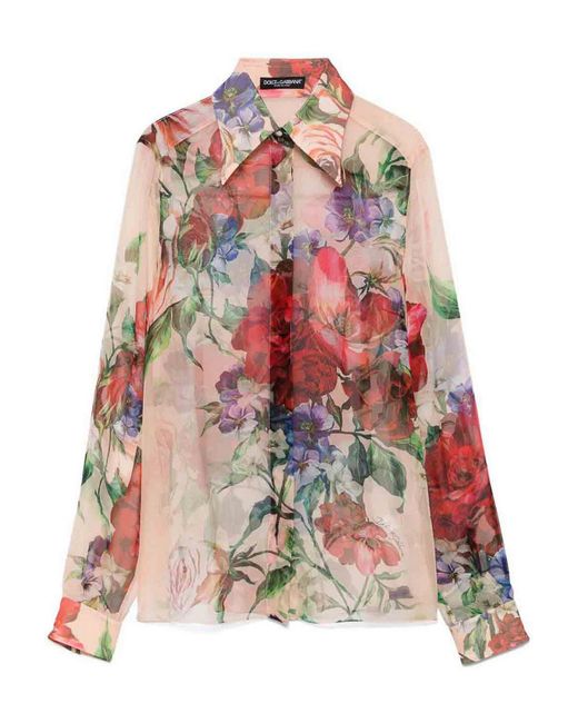Dolce & Gabbana White Long-Sleeved Silk Shirt With Floral Print