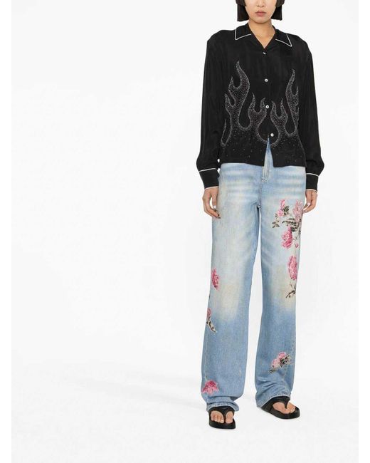 Palm Angels Black Flame-embroidered Shirt