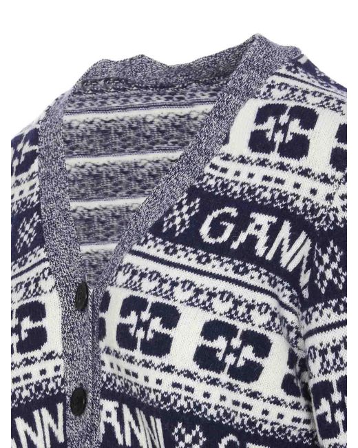 Ganni Blue Logo Wool Mix Cardigan