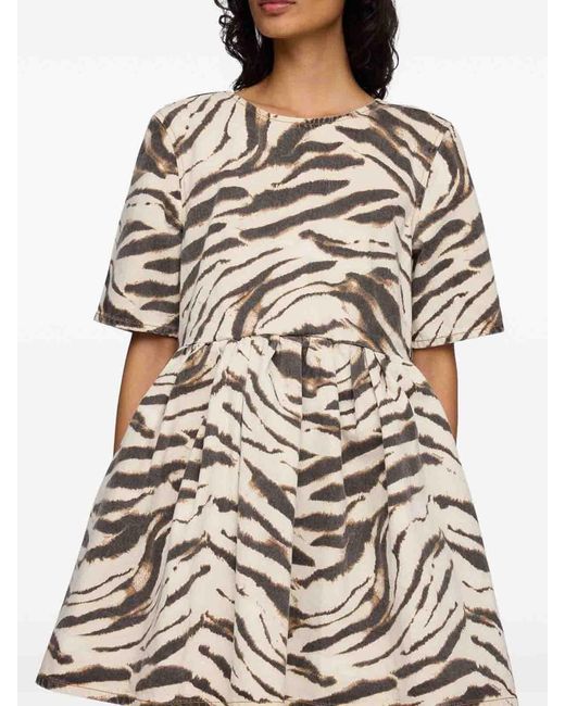 Ganni White Robe En Jean +À Imprimé Zébré