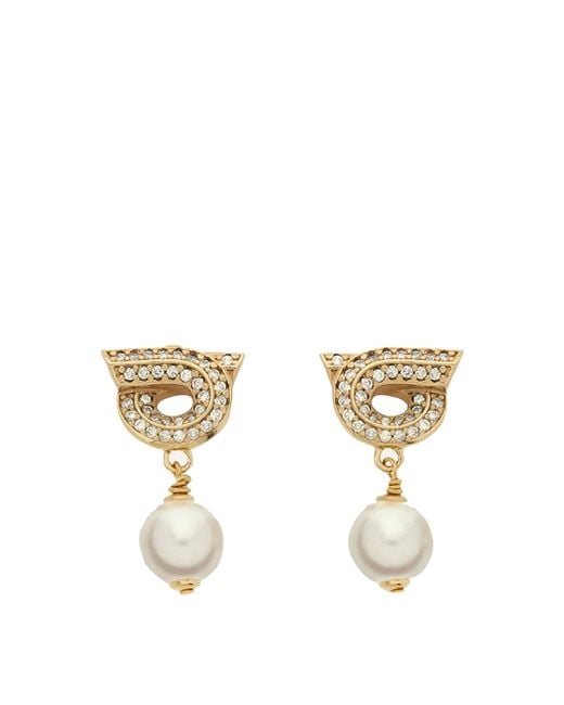 Ferragamo Metallic Pearl And Crystals Gancini Earrings