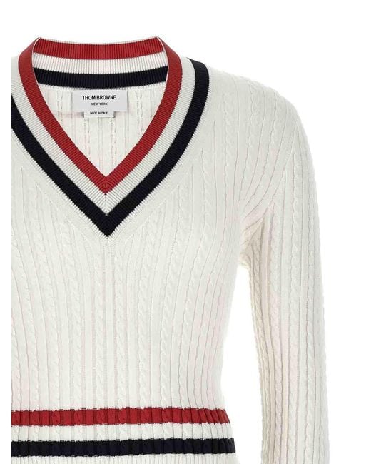 Thom Browne White Rwb Intarsia-Knit V-Neck Jumper for men