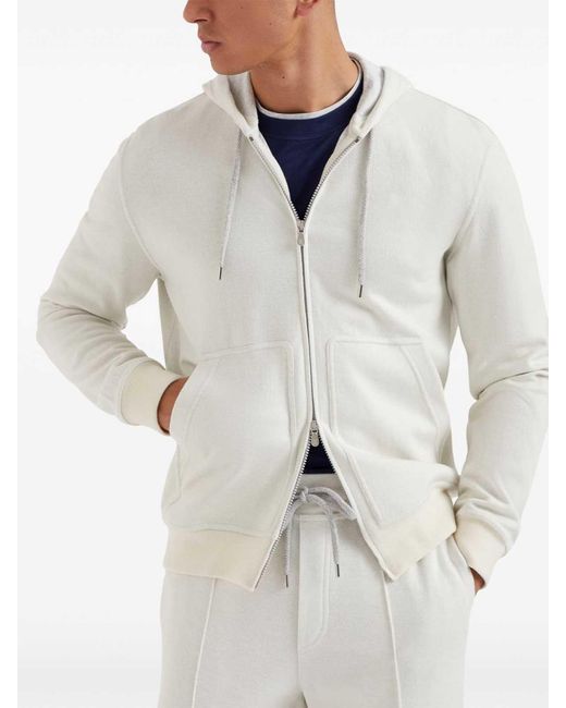 Brunello Cucinelli White Zip-Up Jersey Hoodie for men
