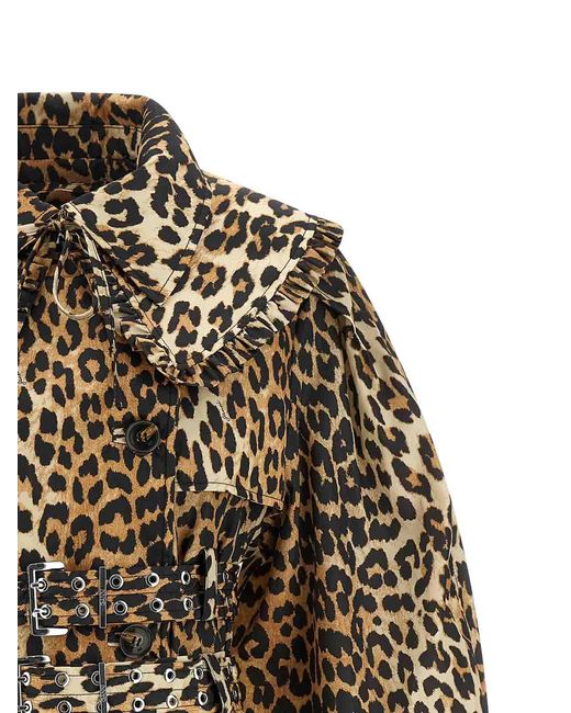 Ganni Brown Leopard Duchesse Nylon Short Trench Coat