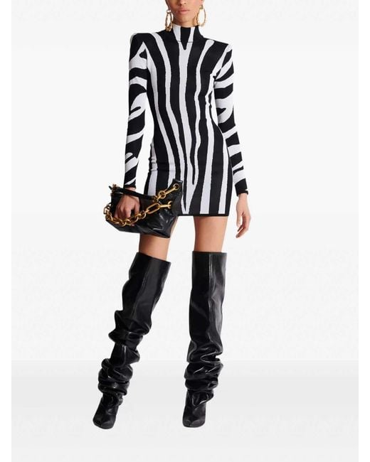 Balmain Black Short Knit Dress With Zebra Intarsia