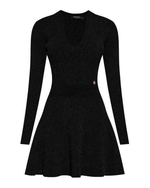 Balmain Black Short Dress With Logo Pendant On The Waist