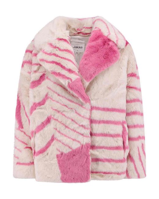 Jakke Pink Faux Fur Jacket With Striped Motif