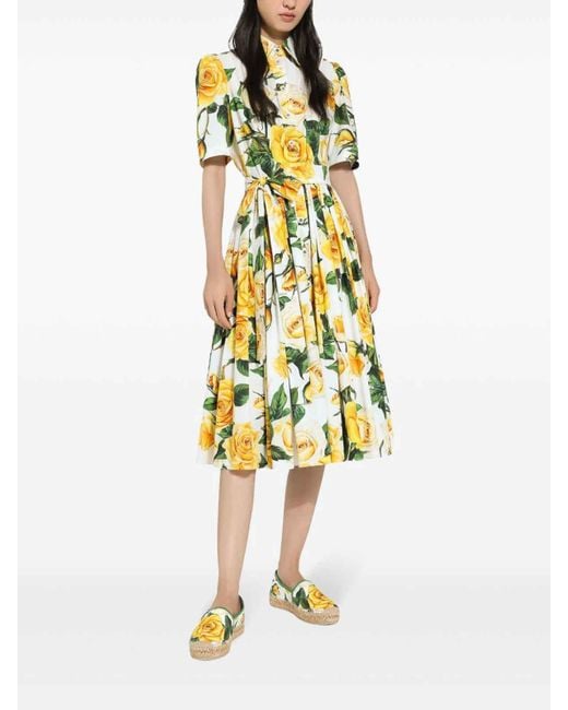 Dolce & Gabbana Yellow Cotton Shirt Dress With Rose