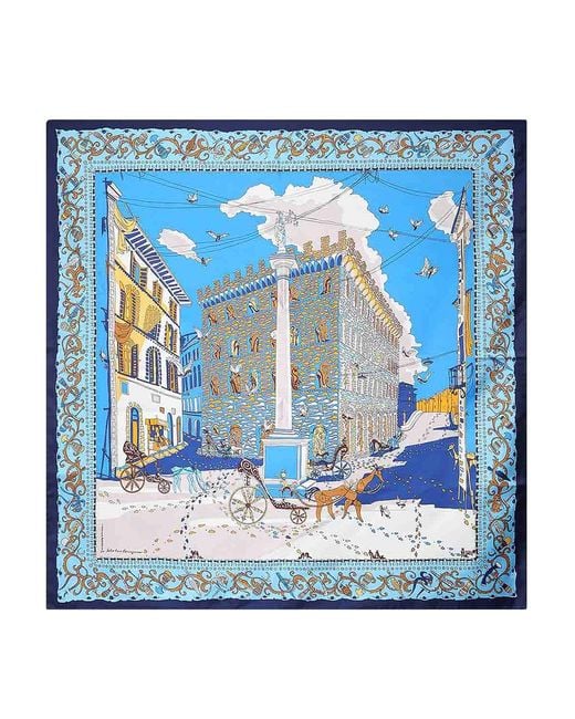 Ferragamo Blue Printed Silk Scarf
