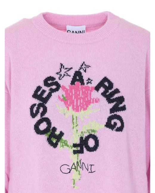 Ganni Pink Graphic Wool Sweater
