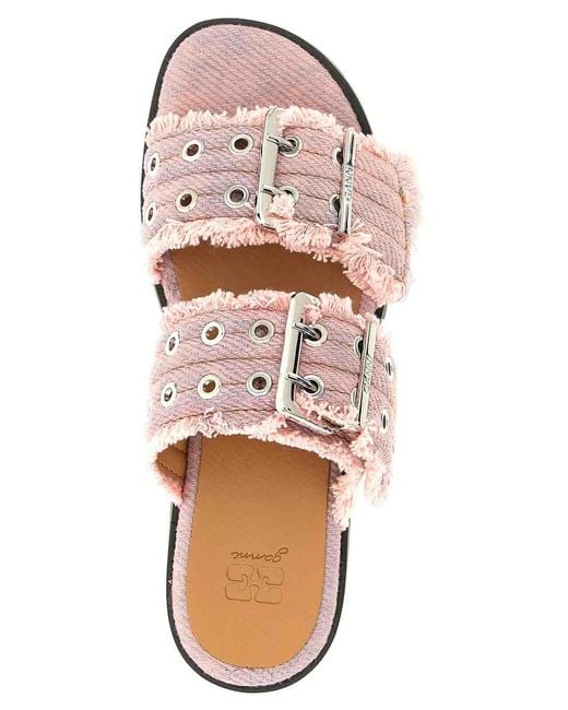 Ganni Pink Feminine Buckle Fringed Denim Sandals