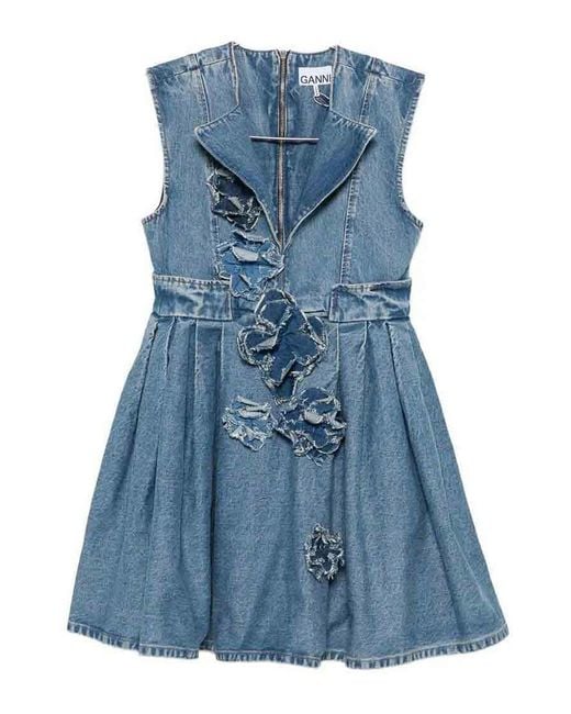 Ganni Blue Flower Denim Puff Mini Dress