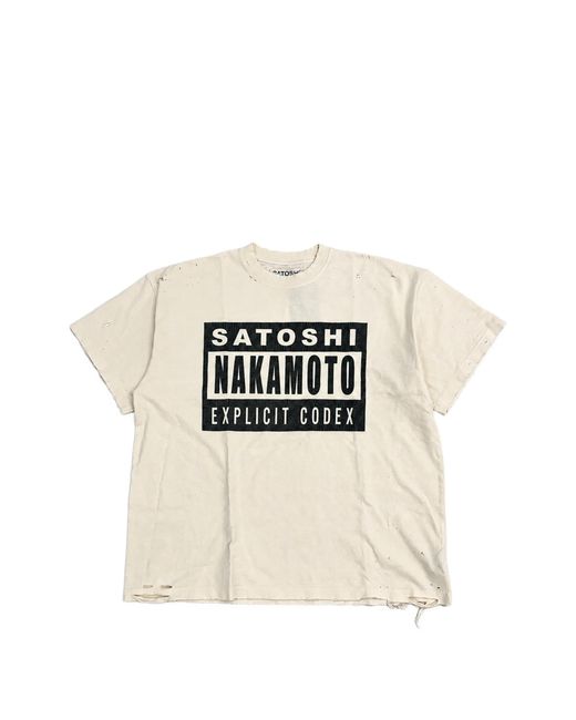 Satoshi Nakamoto White Logo-Print Distressed T-Shirt for men