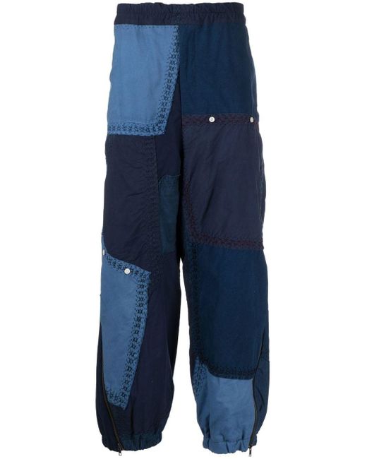 By Walid Blue Patchwork Zip-detail Trousers for men