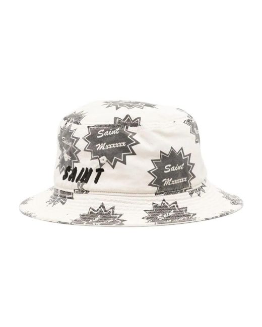 SAINT Mxxxxxx White Logo-Print Cotton Bucket Hat for men