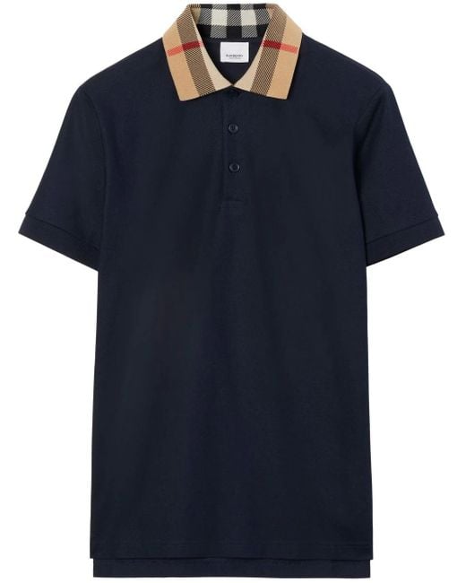 Burberry Blue Checked-collar Cotton Polo Shirt for men