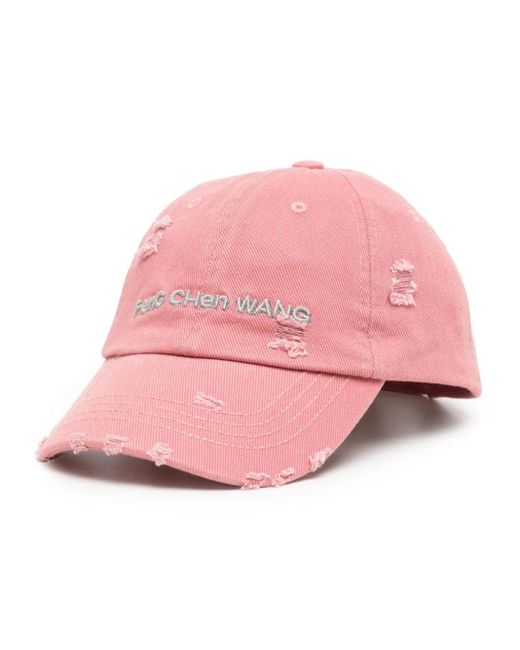 Feng Chen Wang Pink Logo Embroidered Distressed Denim Cap for men