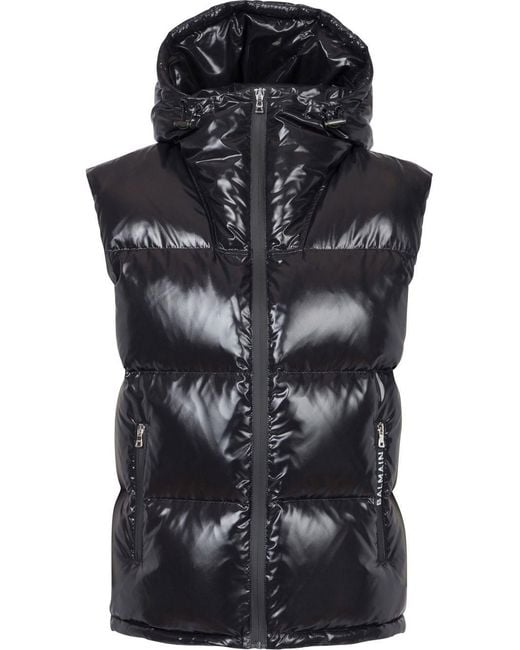 Balmain Black Puffer Hooded Sleeveless Jacket for men