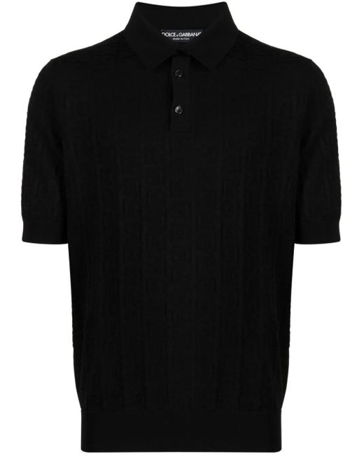 Dolce & Gabbana Black Monogram-Jacquard Silk Polo Shirt for men