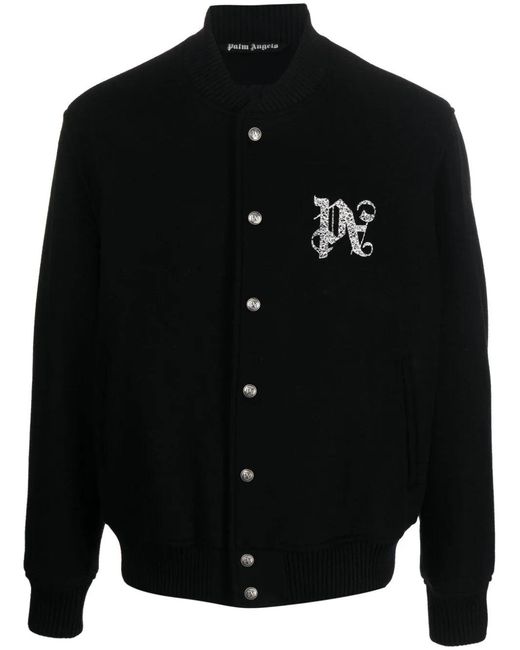 Palm Angels Black Monogram-Embroidered Bomber Jacket for men