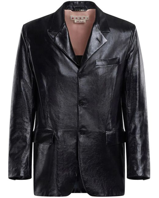 Marni Black Polished-Finish Leather Jacket for men