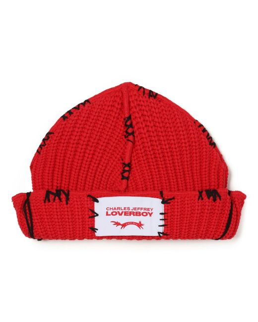 Charles Jeffrey Red Logo-patch Chunky-knit Beanie for men