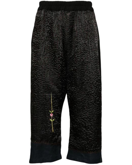 By Walid Black Floral-embroidered Cropped Trousers for men