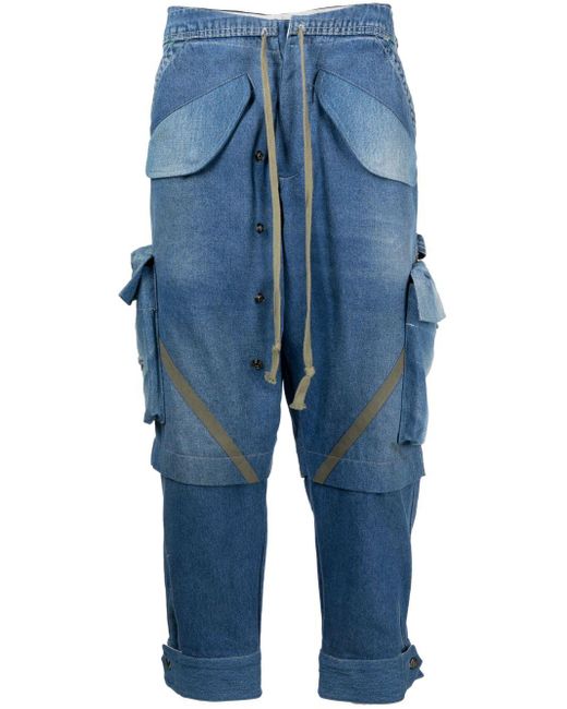 Greg Lauren Blue Panelled Washed Jeans for men